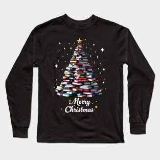 Merry Christmas Library Cute Book Tree Book Lover Librarian Long Sleeve T-Shirt